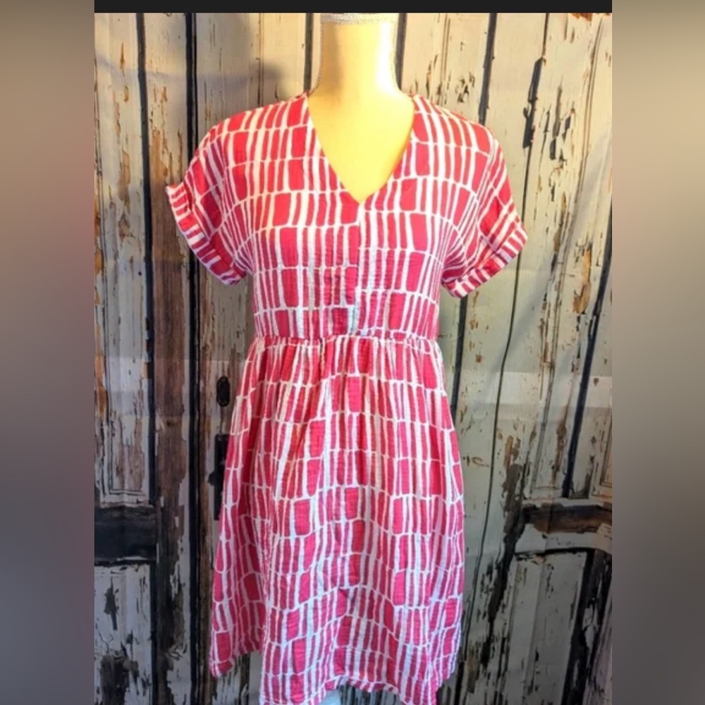 Pink linen V-Neck Short Sleeve Printed Dress